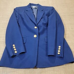 Talbots Wool Blazer Gold Two Button Front Blue Jacket Petite Women's Size 8